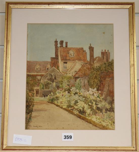 Harry Hine (1845-1941), watercolour, house and herbaceous border, signed, 31 x 25cm